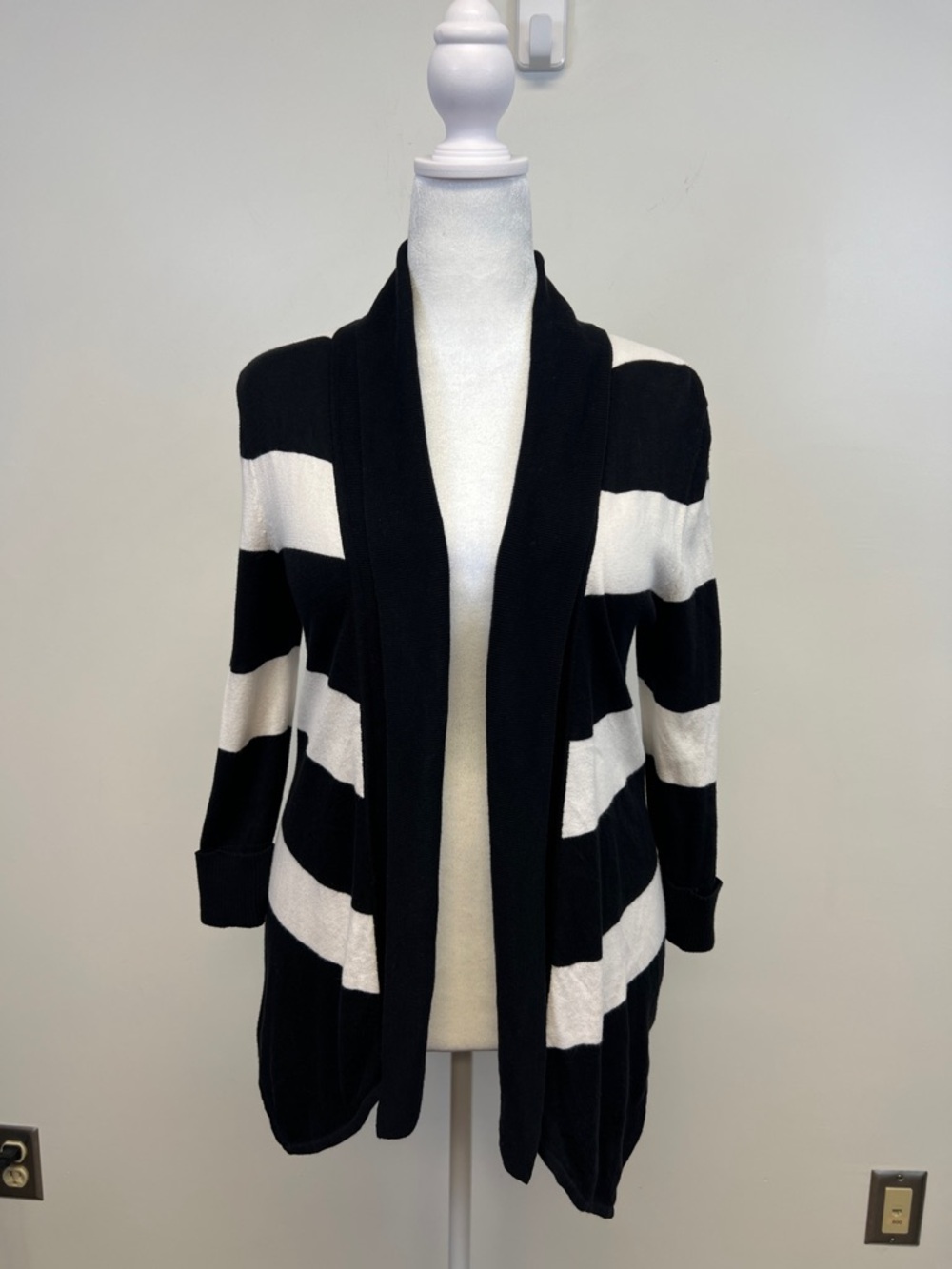 White House Black Market Black White Striped Asymetrical Cardigan Sweater Small